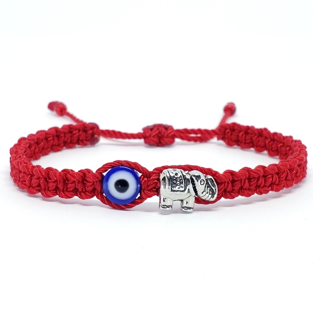 Red evil eye amulet bracelet, good luck elephant wristband, elephant charm